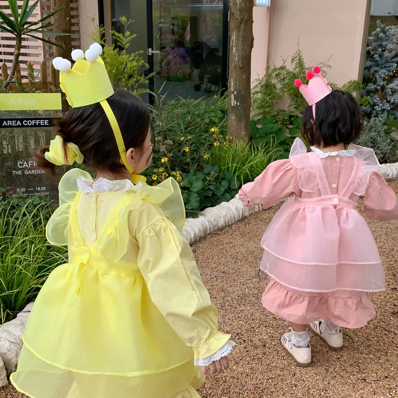 

Spring Autumn Girls Tutu Dress Baby Dress Kids Dress Children 2 Pcs Clothes Fashion Ruched Layered Mesh Flying Sleeve 1-6Y