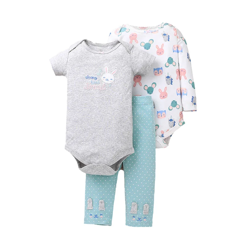 Newborn Infant Baby Boy Girl Clothing Set Cartoon Floral Stripe Long sleeve bodysuit+Short Sleeve jumpsuits+Pants 3Pieces Sets | Детская