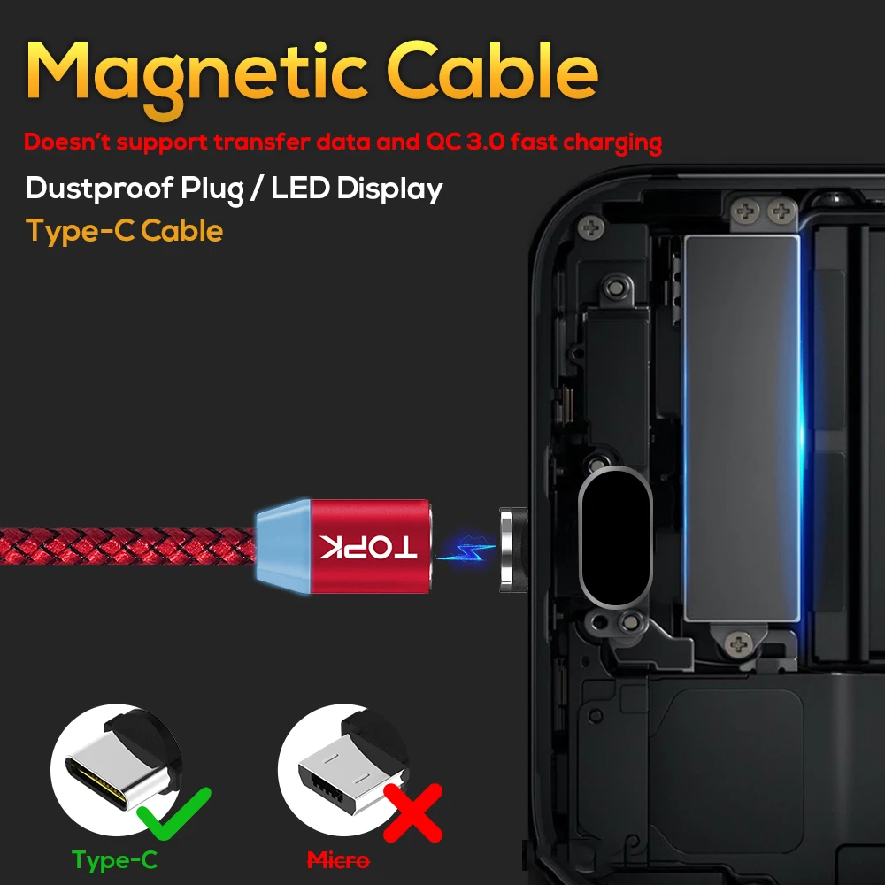 Магнитный USB-кабель TOPK AM17 Micro USB/Type-C/Lightning для телефонов Android/Android 2.4a | Мобильные