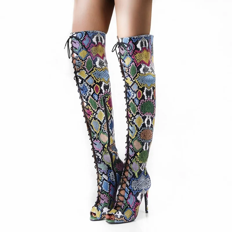 Online Wanita Seksi Serpentine Di Atas Lutut Sandal Sepatu Bot Peep Toe Renda Zipper High Heels Wanita Sepatu Ukuran 35 45 52