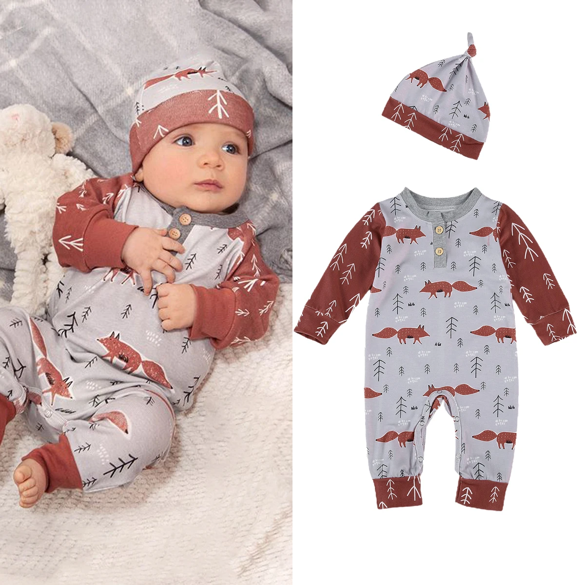 

Детский комбинезон с длинным рукавом и круглым вырезом, с мультяшным принтом лисы