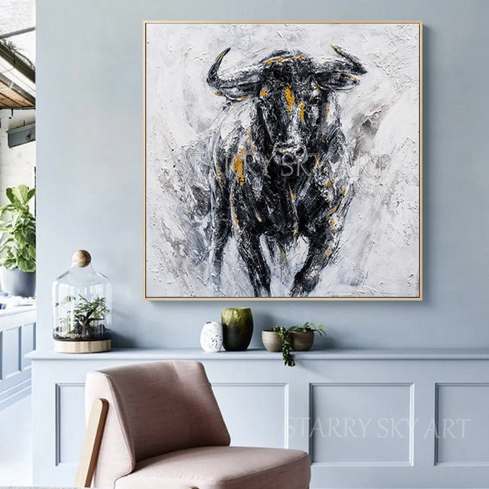 Низкая цена ручная роспись абстрактные животные черный и белый бык акриловая