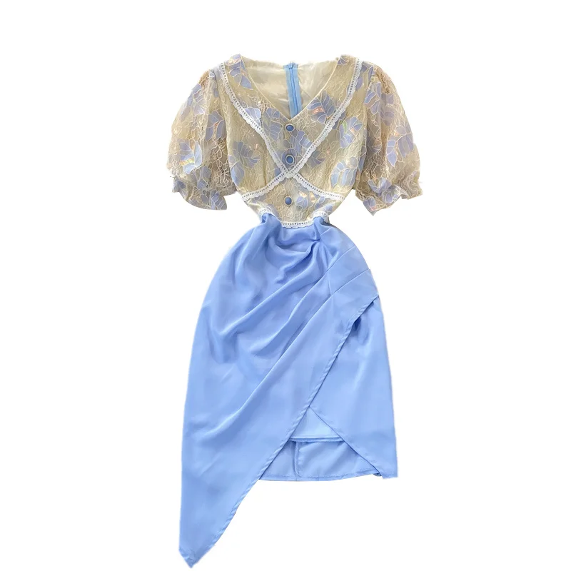 

2021 Summer New Girls Lace Patchwork V-neck Dress Women Fashion Bodycon Irregular Split Dress Lady Bag Hip Mini Short Dress
