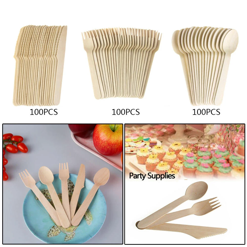 100 искусственные одноразовые деревянные столовые приборы ножи вилки ложки