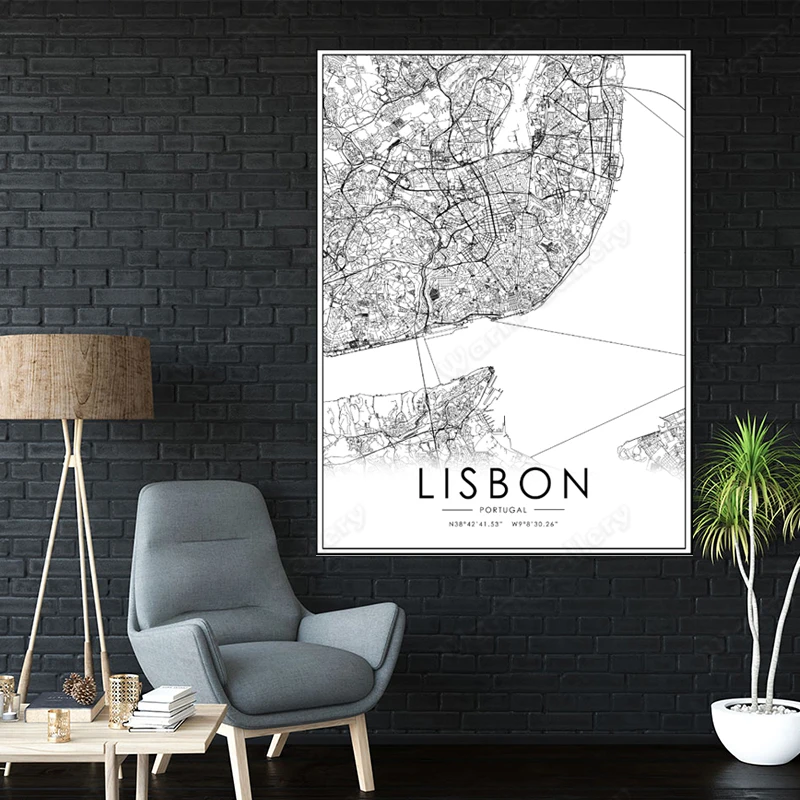 Черно-белая карта города Португалии Карта Лиссабона плакат HD печать настенное