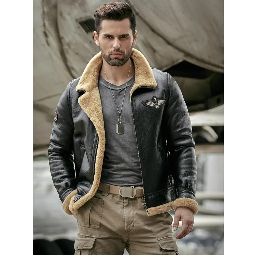 Мужская кожаная куртка из овчины B3 черная утепленная - Цена: 52163.03
