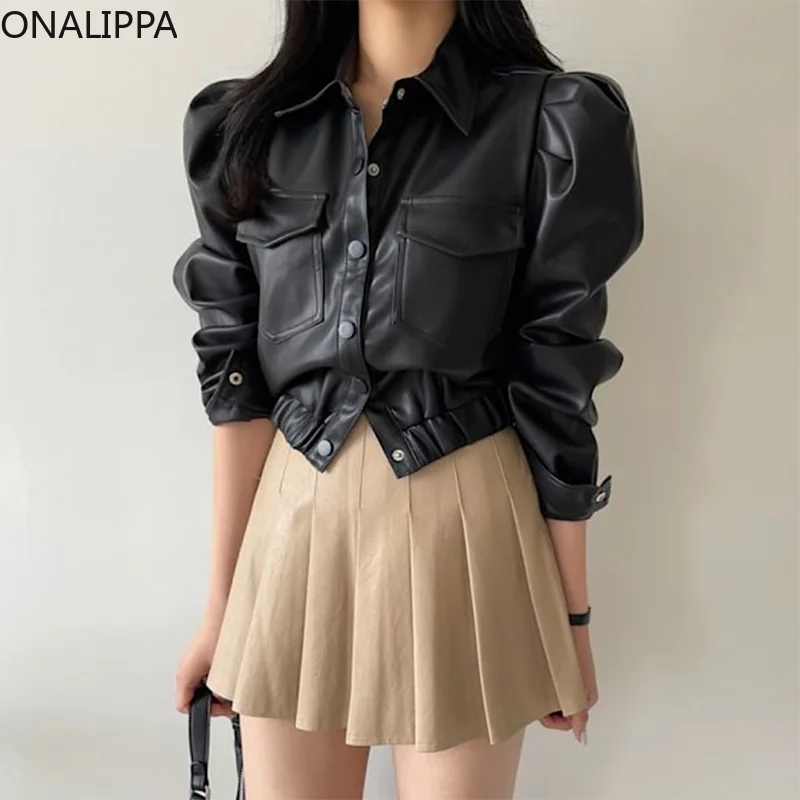 

Onalippa Women 2021 Autumn Temperament Retro Lapel Single-Breasted Double-Pocket Leather Jacket High-Waist Pleated Skirt Suit