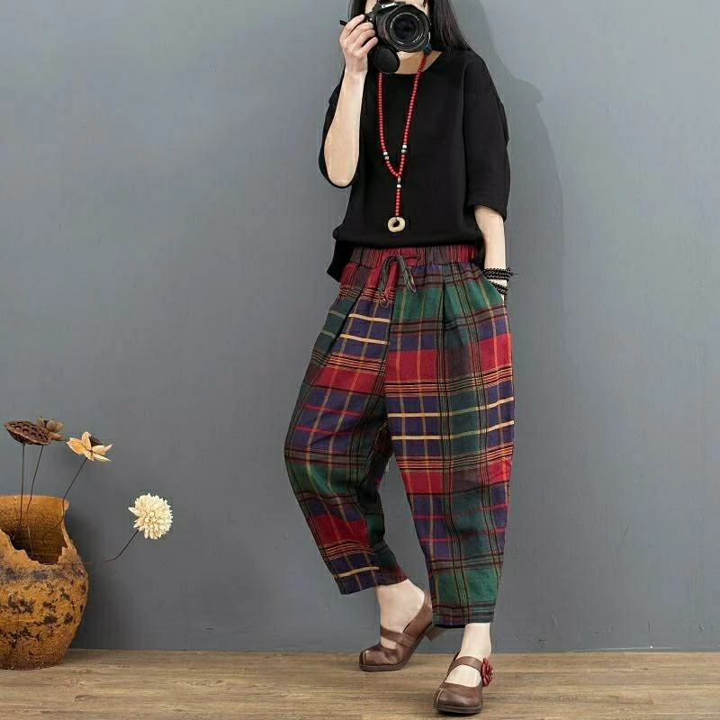 Новые весенние искусство Стиль женские штаны шаровары с эластичной резинкой на