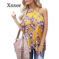 2020 flower picnic mom elegant sleeveless halter womens chiffon blouses vintage floral printed summer boho beach shirts backless