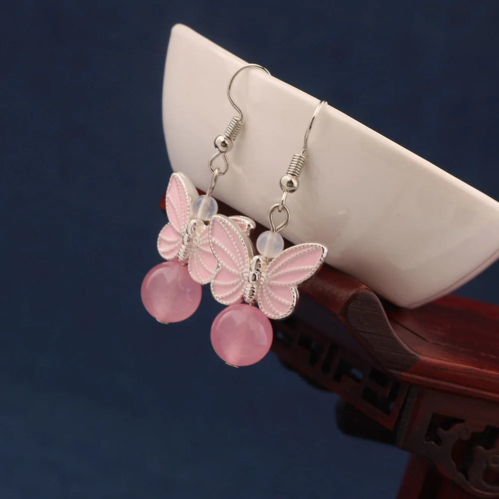 Новые этнические серьги с розовой бабочкой Винтажные капли эмалью для женщин и