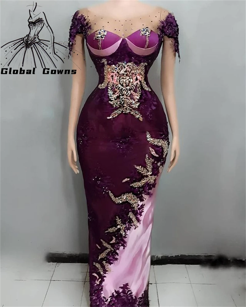 

Aso Ebi Purple O Neck Evening Dress Beaded Birthday Party Dresses African Mermaid Dinner Gown For Ladies Robe De Bal