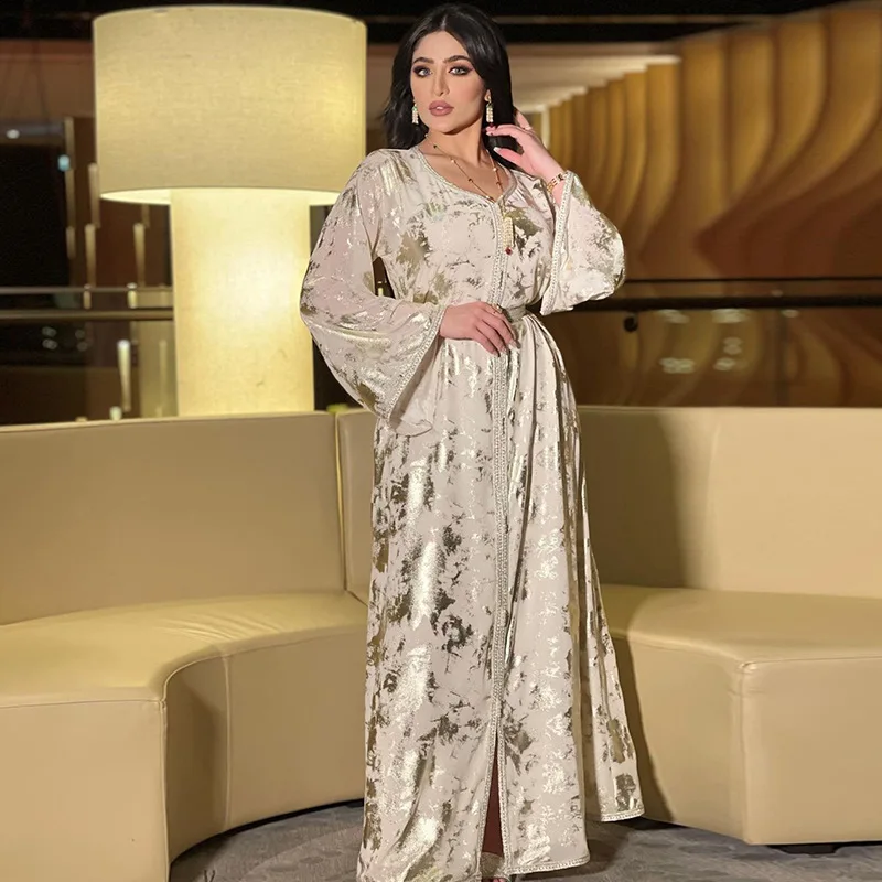 "Мусульманская Мода Дубай Абая Турция Jalabiya платье для женщин Арабский Оман марокканский кафтан белый золотой Исламская одежда Кафтан Халат"