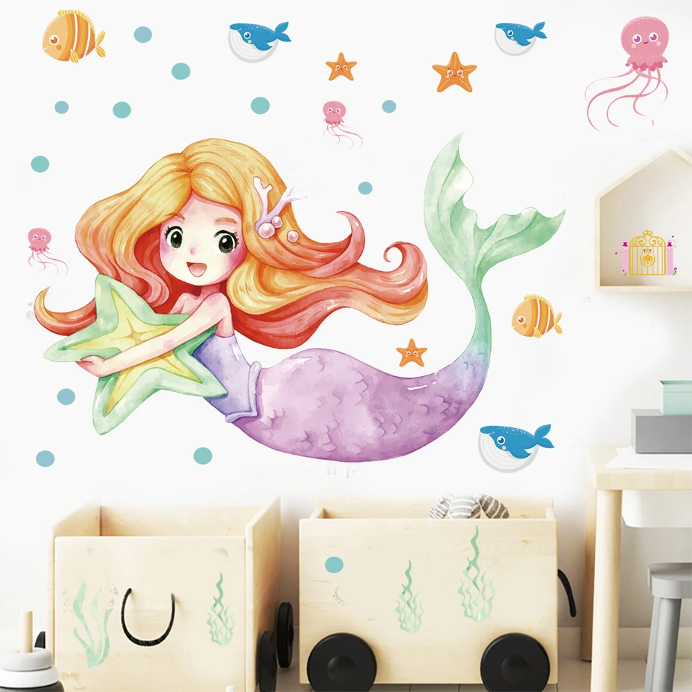 Милые стикеры на стену в стиле принцессы русалки для детской комнаты Фреска