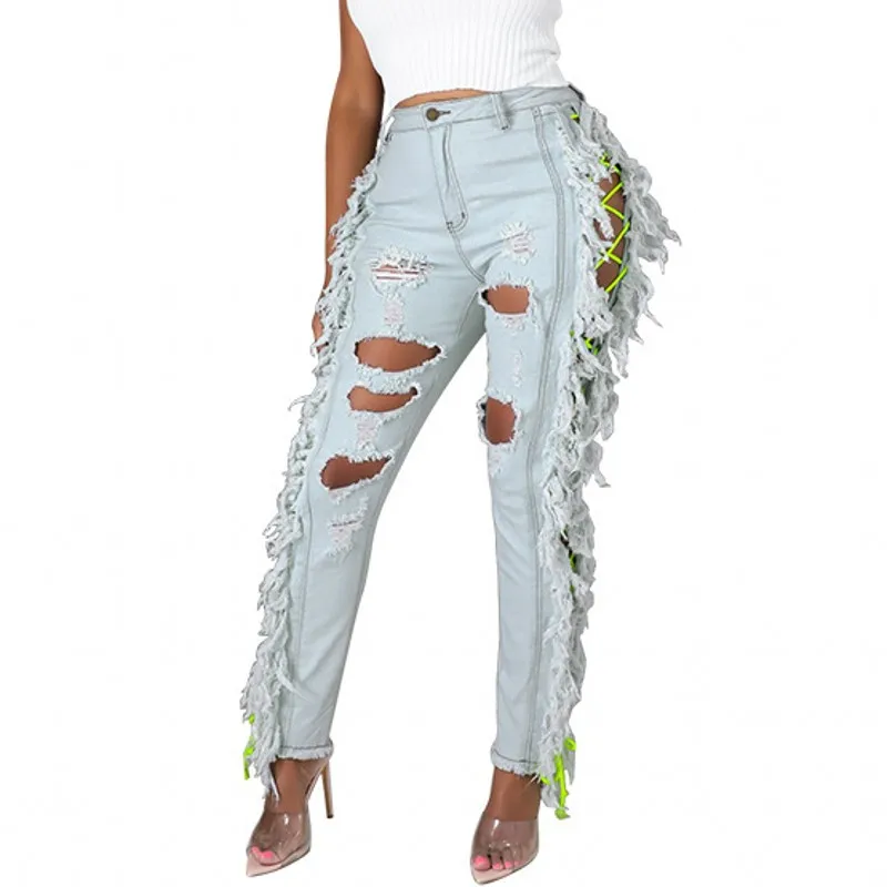 

Tassel Denim Pants For Women Ripped Hole High Waist Skinny Trouser Autumn New Side Cross Hollow Out Street Style Sexy Jeans 2021