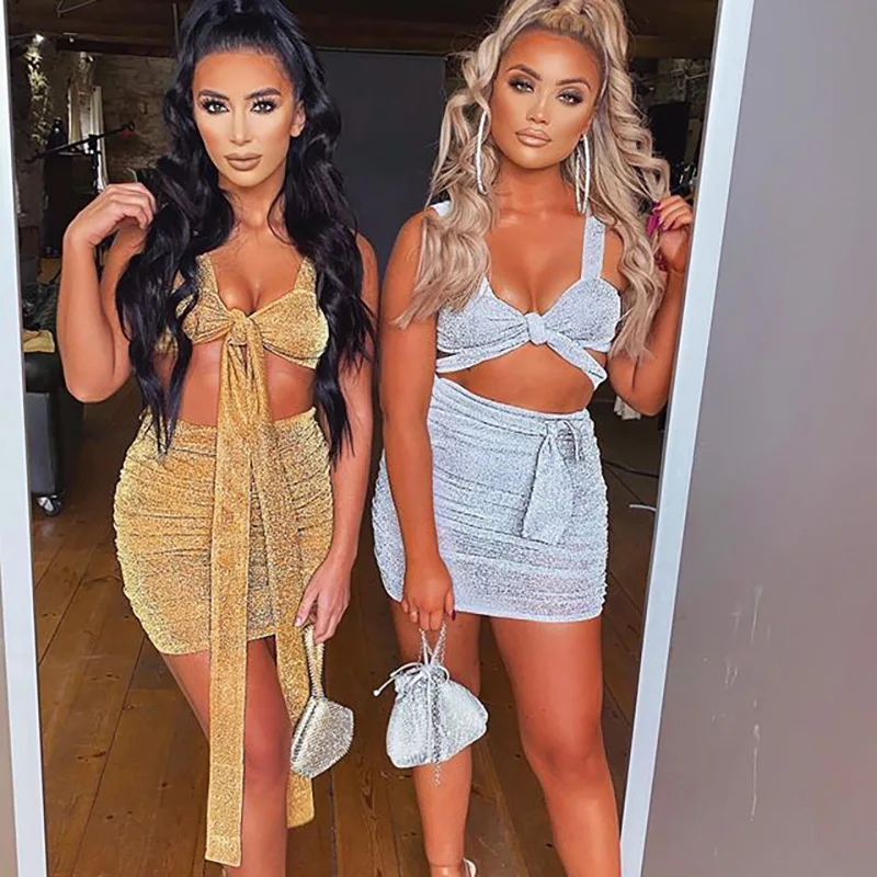 

Fashion Bright Silk Stitching Woman's Suit Sexy Bra + Tight Hip Skirt Lady's Two-piece Suit Summer Party Woman Clothes