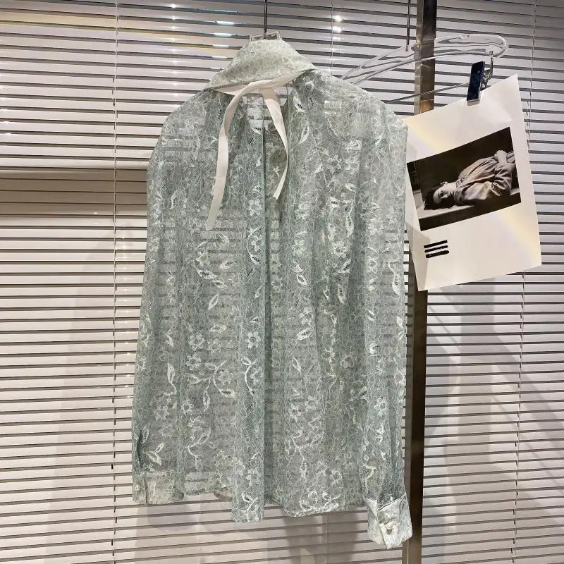 

Fashionable Love Bow Tie Lace Crocheted Women's Shirts 2021 Spring Elegant Socialite Blouse Long Sleeve Fresh Women's Clothing