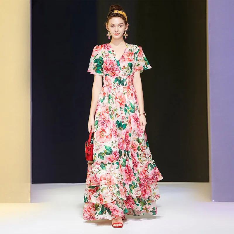 

2021 Summer New Fashion V-neck Short-sleeved Elastic Waist Printed Party Evening Dress for Women