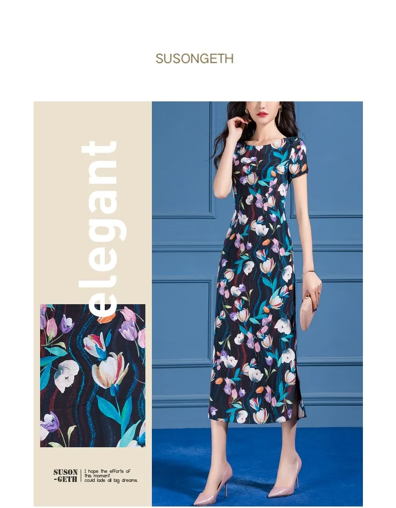 

SUSONGETH Summer Women Print Silk Dress High Quality Short Sleeve Elegant Ladies Soft Wear