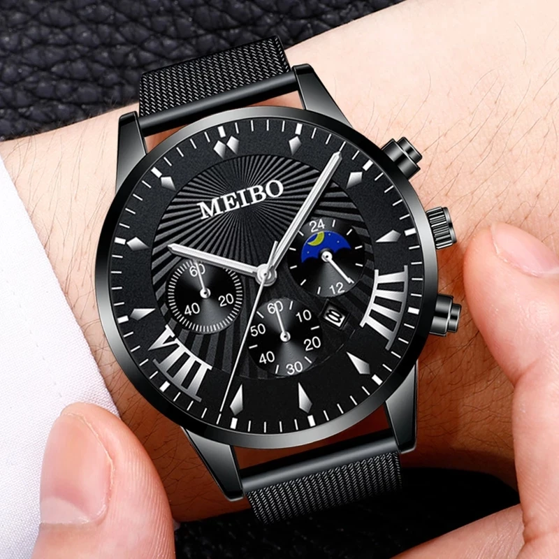 

reloj hombre Watches Mens Fashion Calendar Watch Men Business Stainless Steel Mesh Band Quartz Wrist Watch relogio masculino