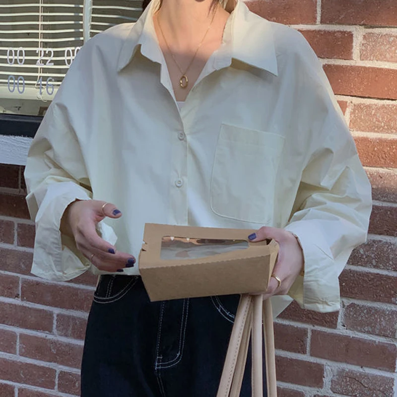 

Женская рубашка с отложным воротником, модная простая голубая шикарная блузка с длинным рукавом, Корейская розовая Студенческая верхняя од...
