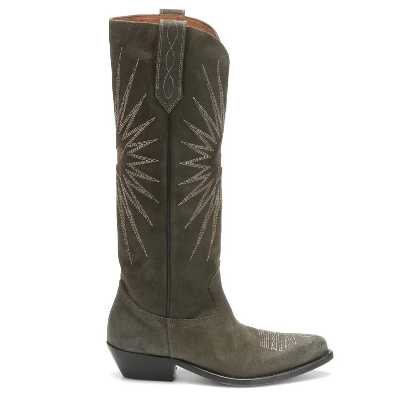 Сапоги с вышивкой; женские сапоги с острым носком, украшенные вышивкой; Bottes; узкие сапоги до середины икры с вышивкой в виде звезд; Botas; коллекция года; сезон осень-зима; Новое поступление; сапоги; Mujer