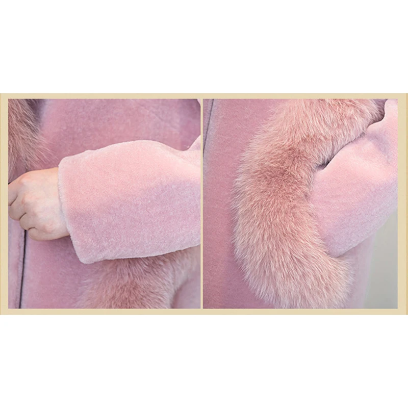 

Autumn Winter Women Faux Wool Coats With Fur Collar Medium Long Solid Jackets Pockets Long Sleeve Casual Ladies Overcoat Fashion