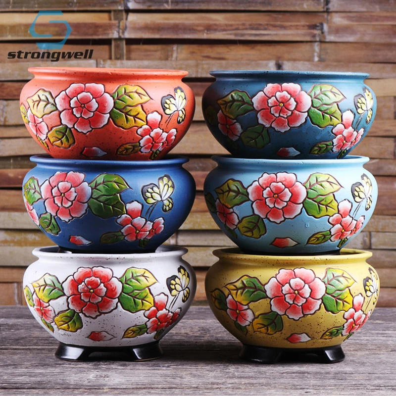 

Strongwell Home Decor Large Caliber Succulent Flower Pots Hand-painted Ceramic Old Pile Planter Breathable Stoneware Flowerpots