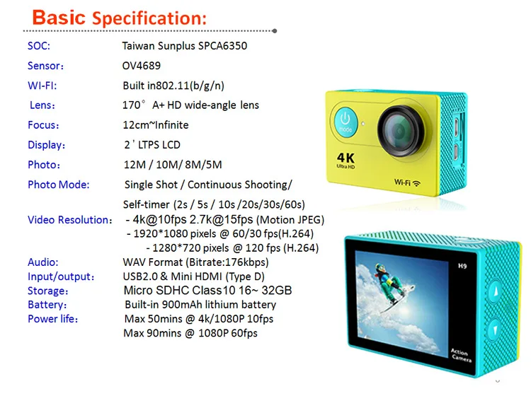 Дешево H9 Экшн-камера Ultra HD 4K 30fps WiFi 2,0 дюйма 170D Подводная Водонепроницаемая камера для видеозаписи на Шлем S Спортивная камера