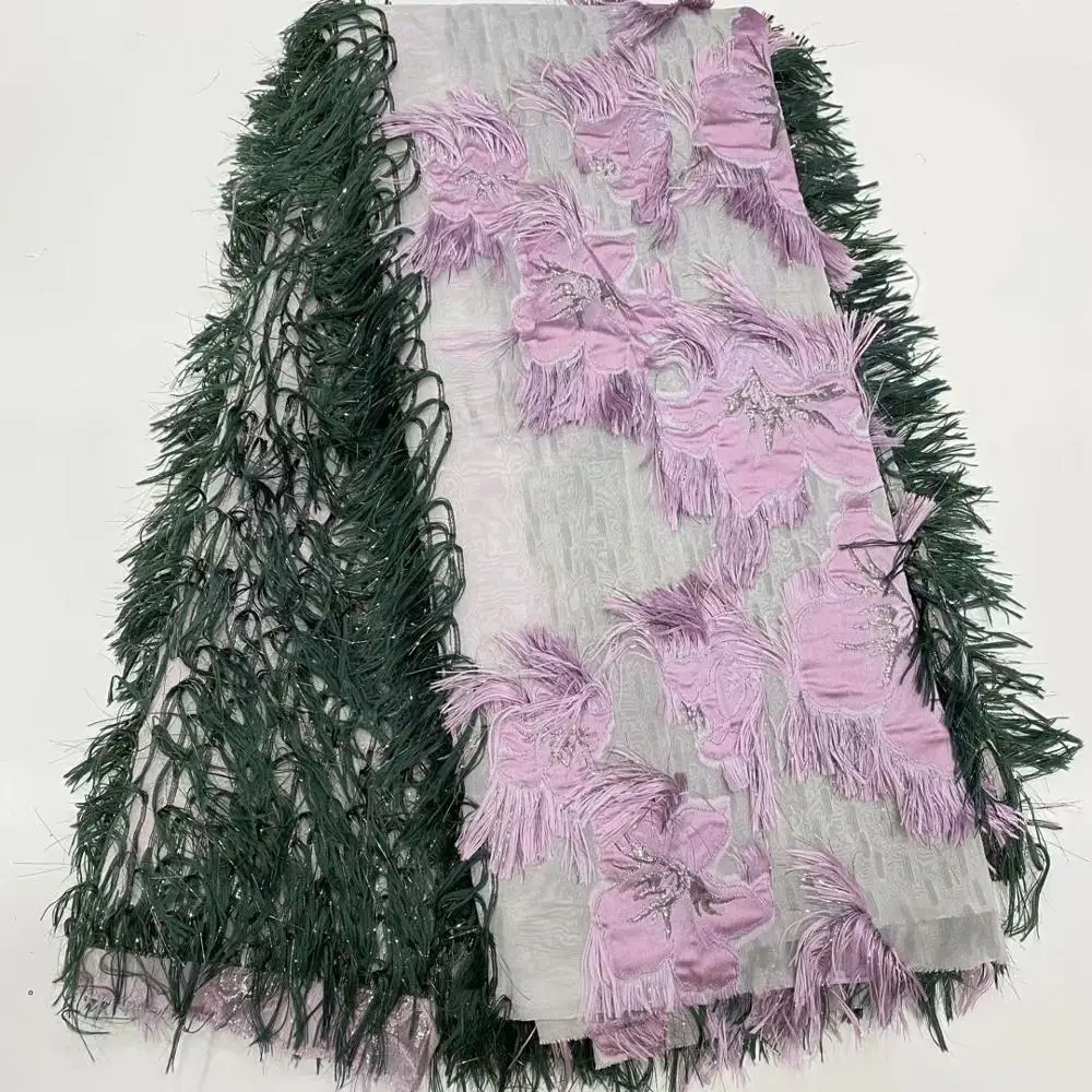 

Hot sale fringed feather embroidery African tulle lace fabric sequin royal blue Nigeria lace skirt dress fabric FDP109