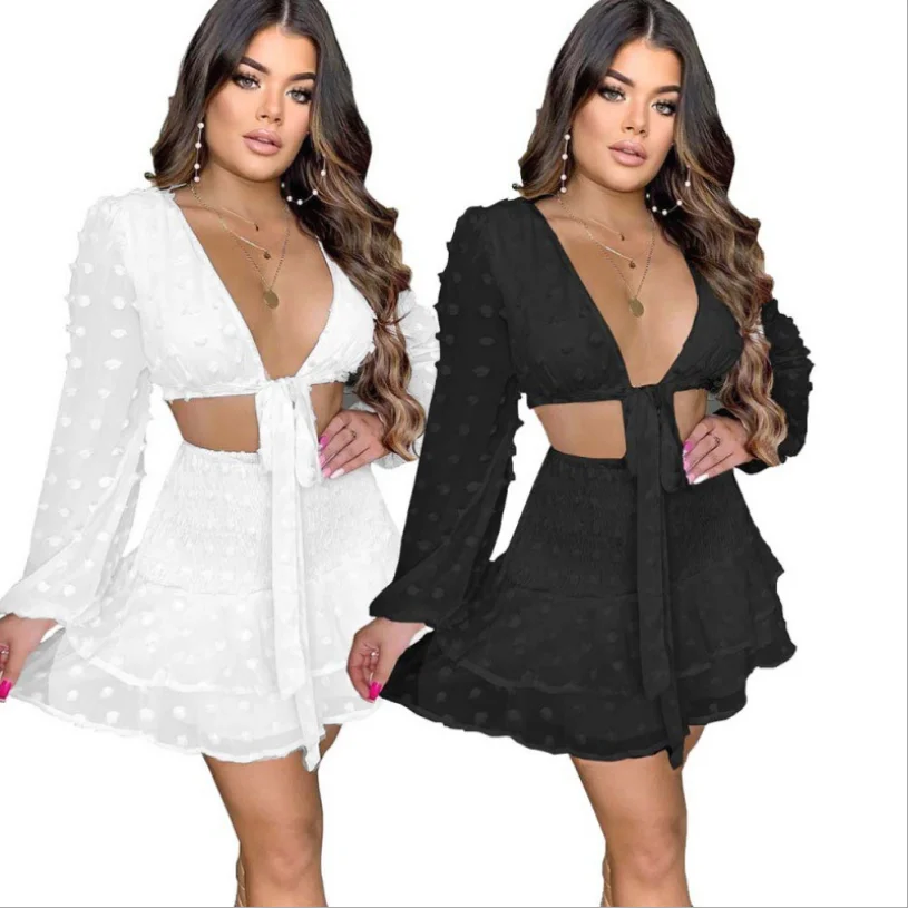 

2021 Spring Women Sexy Solid Mesh Two Piece Sets Deep V-neck Lace-up Lantern Sleeve Crop Tops Cascading Ruffles Skirts Outfits