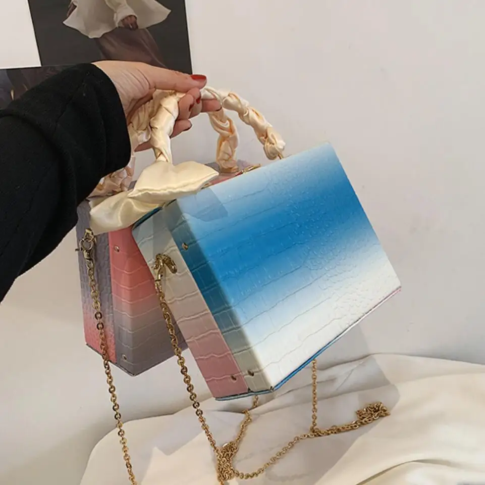 

Fashion Gradient Color Box Women Handbag Crocodile Pattern Crossbody Bags for Women 2021 Quality Chains Ribbon Shoulder Bag Tote