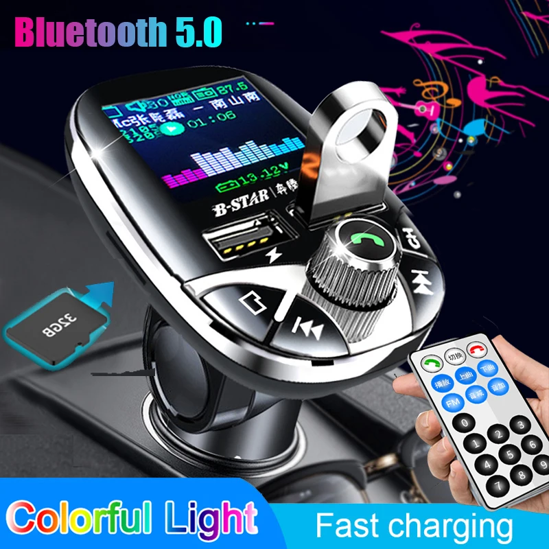 Bluetooth 5.0 FM Transmitter Modulator Color Screen Wireless Hands-free Car MP3 Player Dual USB Charger with Remote Control