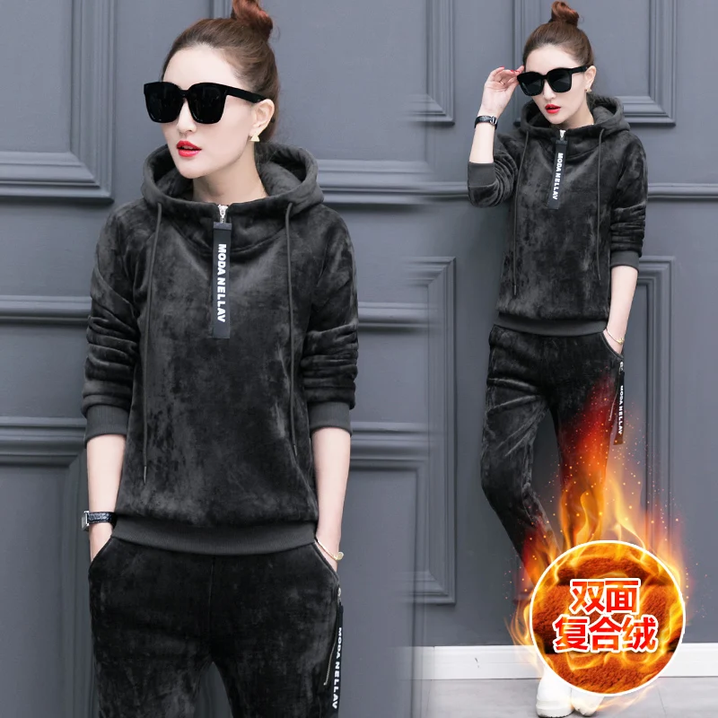 Спортивный костюм женский бархатный с капюшоном толстая теплая толстовка для