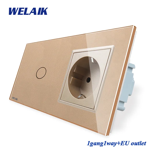 WELAIK 2frame-кристалл стекло-панель настенный выключатель ЕС сенсорный выключатель-экран ЕС настенная розетка 1ганг-1way AC250V A29118ECW/B - Цвет: Gold