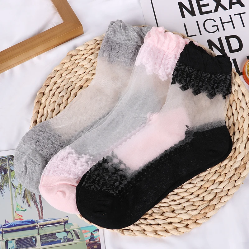 3 pairs 3/5 пар, горячая Распродажа, крутые дышащие летние стильные сексуальные черные кожаные носки, однотонные кружевные нейлоновые носки для женщин и девочек - Цвет: 3 pairs