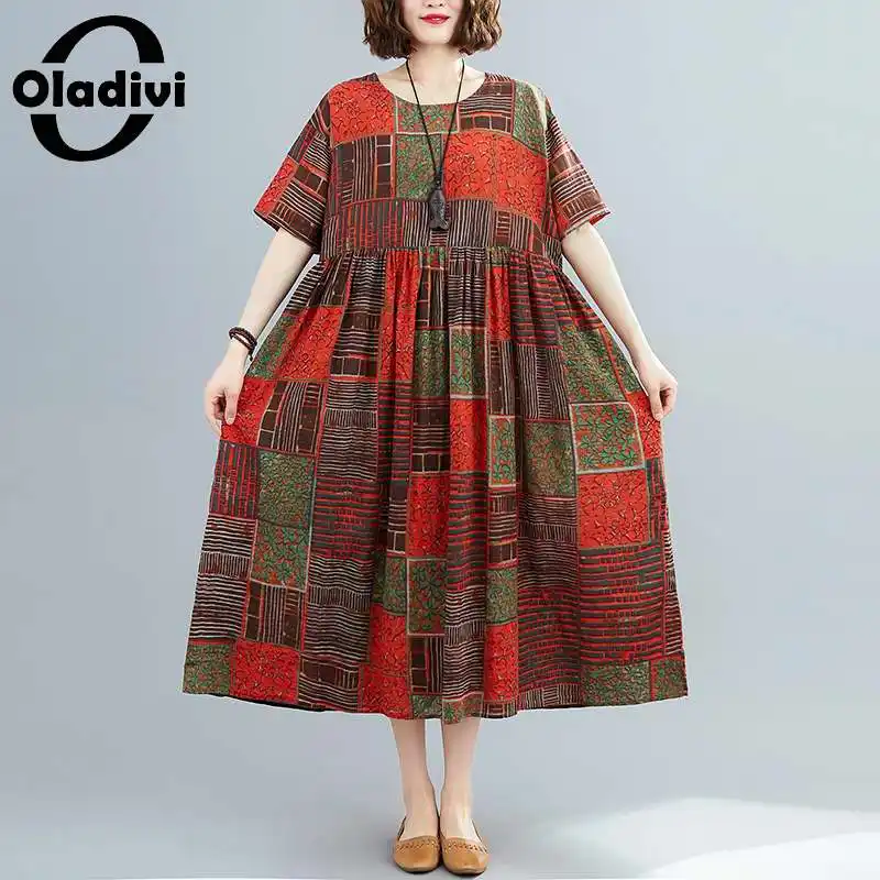 

Oladivi Oversized Clothing Women Fashion Print Summer Boho Beach Wear Dress Casual Loose Short Sleeve Dress Robe Femme Vestidio