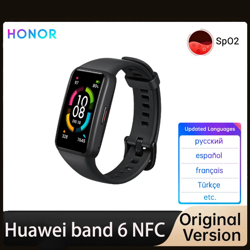 

Оригинальный Смарт-браслет Honor Band 6 NFC STD 1-й полный экран 1,47 дюйма цветной сенсорный AMOLED экран для плавания пульсометр сна стресс музыка