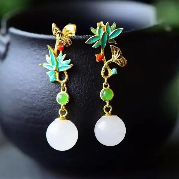 

Antique Eardrops Hanfu Jade Earrings Sterling Silver Burnt Blue Earrings Female Long Retro Earrings Chinese Style Classical and