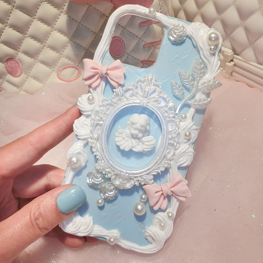 Handmade For iPhone 13 pro max case 3D Bow Angel Photo Frame iP 6s 7/8plus Bling phone shell iP 13 Mini DIY creamy cover SE 2020