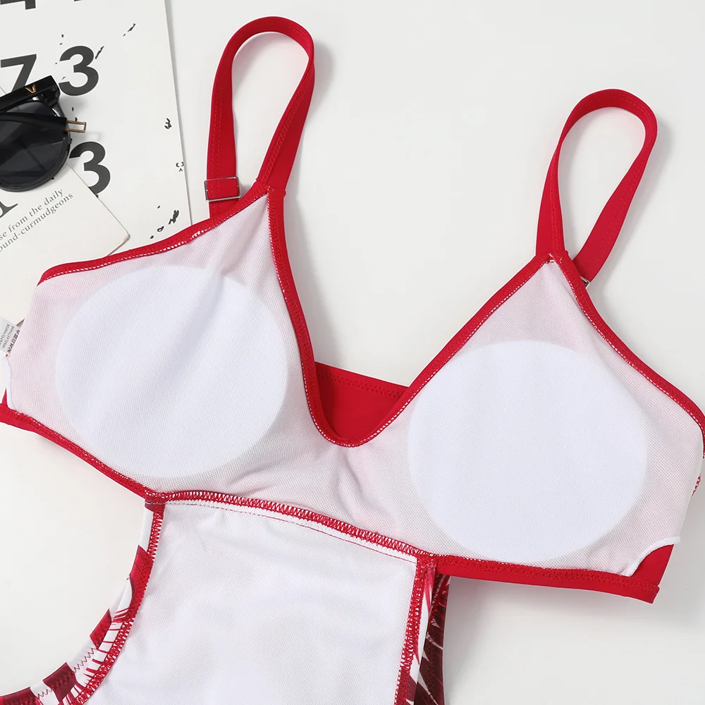 

Women Cut Out One Piece Swimsuit Swimwear 2021 Leaf Print Red Black White Bandage Female Monokini Bodysuit Swimming Bathing Suit