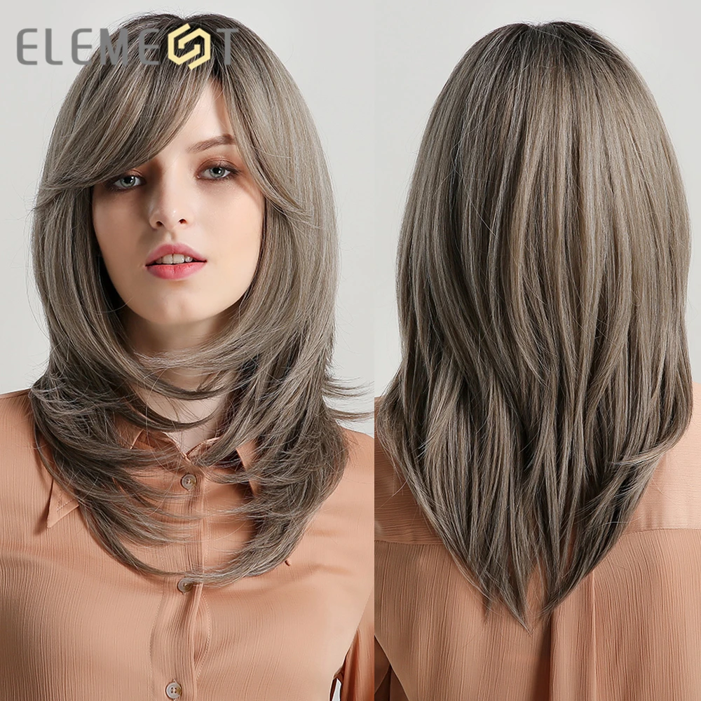 

Element Long Natural Layered Wave Ash Grey Synthetic Hair Wigs with Bangs for Black White Women Cosplay Party Lolita Daily Use