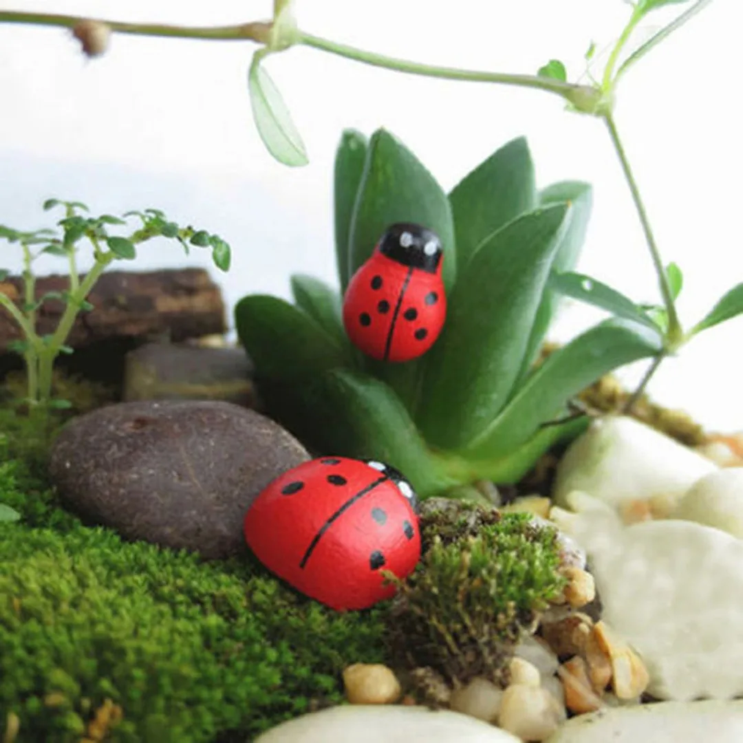 50pcs/bag 11*8mm Mini Beetles Ladybird Ornament DIY Wood Ladybug Craft Micro Landscape Home Garden Pot Decor | Дом и сад