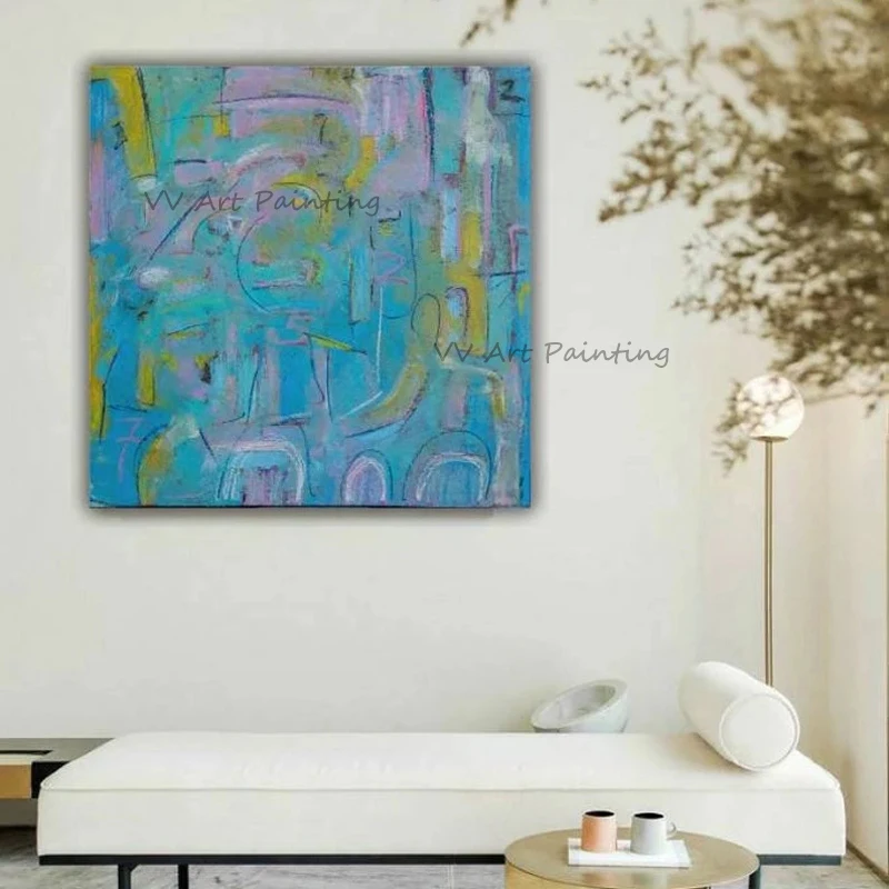 Абстрактная простая картина маслом ручной работы, Синий Граффити, рисунок для гостиной, Декор, спокойная творческая роспись, Безрамная картина