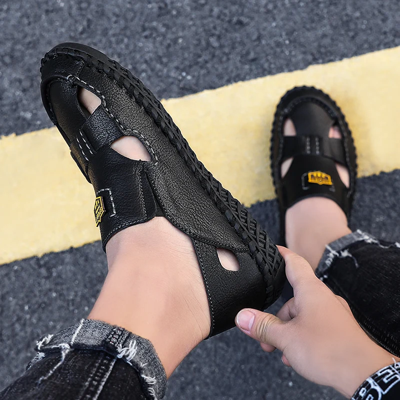 

2020 Fashion Men Leather Sandals Outdoor Close Toe Classic Gladiator Shoes Flat Comfort Male Shoes Soft Beach Big Size 48