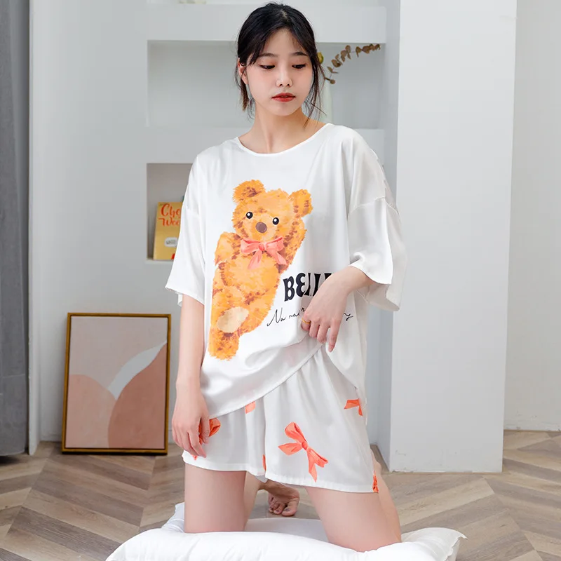 

Satin Casual Pajamas Women Nightwear Short Sleeve Shirt and Shorts Pajama Set O Neck 2 Piece Silky Sleepwear Kawaii Pj Set