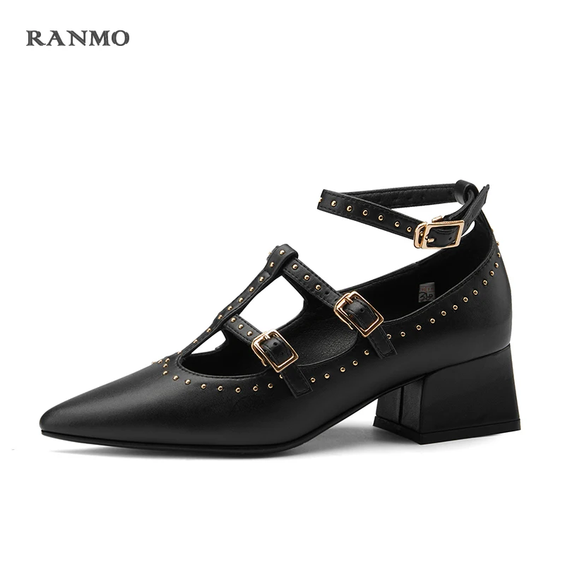 

2021Spring New Natural Genuine Leather High Heels Women Pumps Square Heel Ankle Strap Pointed Toe Wedding Party Shoes Woman
