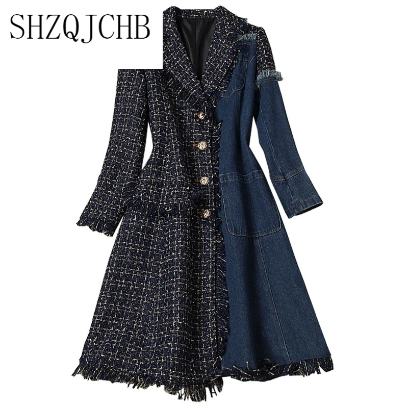 

winter Women denimn patchwork paid tweed coat single breasted nothced collar color block casaul tassel outerwear new 2021