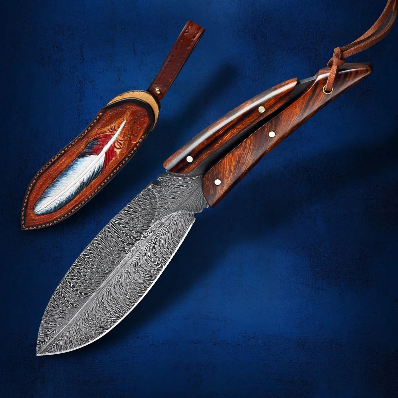

Damascus Feather Textured Steel Straight Knife Desert Iron Wood Handle and Sheath EDC Utility Tool High-end Handmade Gift