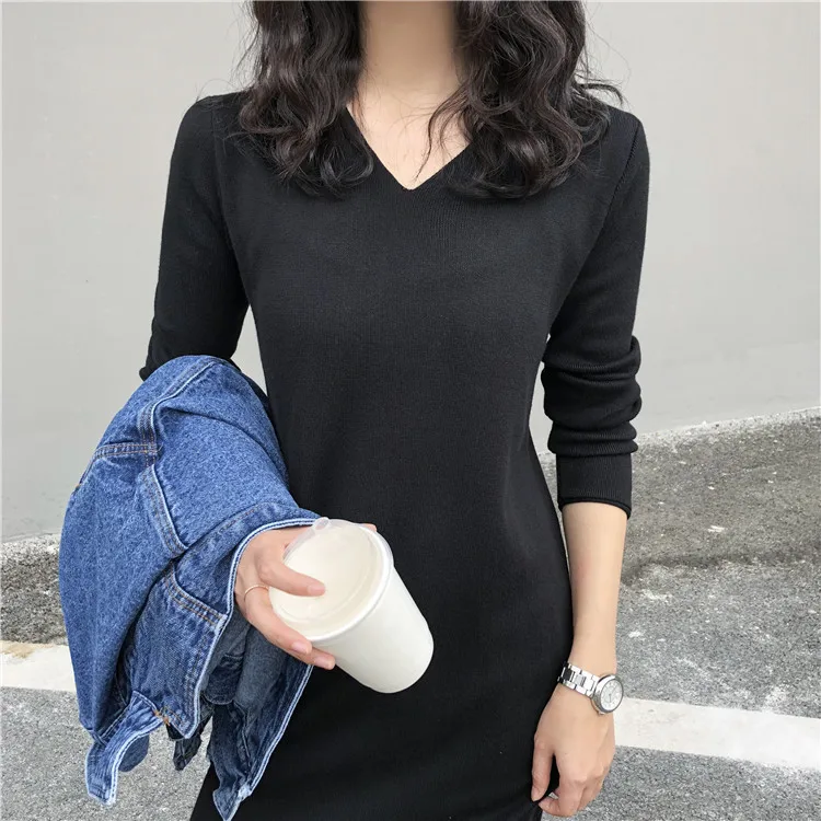 Негабаритный корейский вязаный длинный v-образный Вырез Свободный Боковой