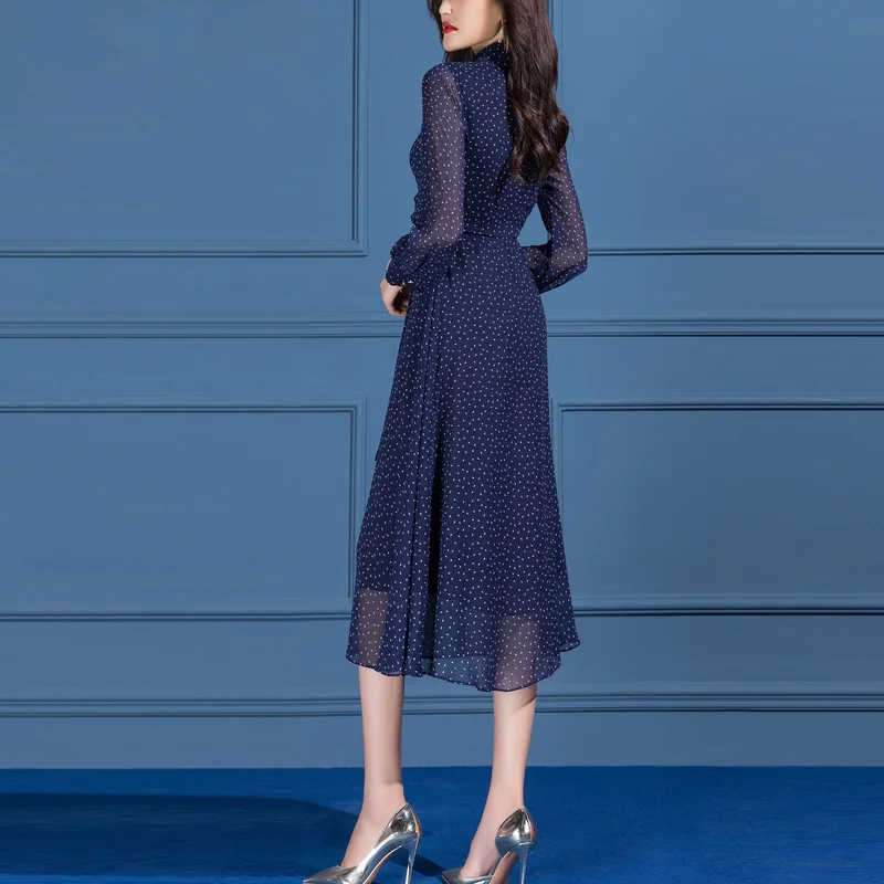 

Spring New 2021 Style Casual Polka Dot Print Long Blue Chiffon Shirt Dress for Women
